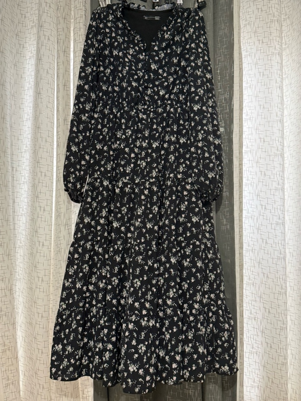 Black Floral Tiered Button-up Full Sleeve Midi Dress